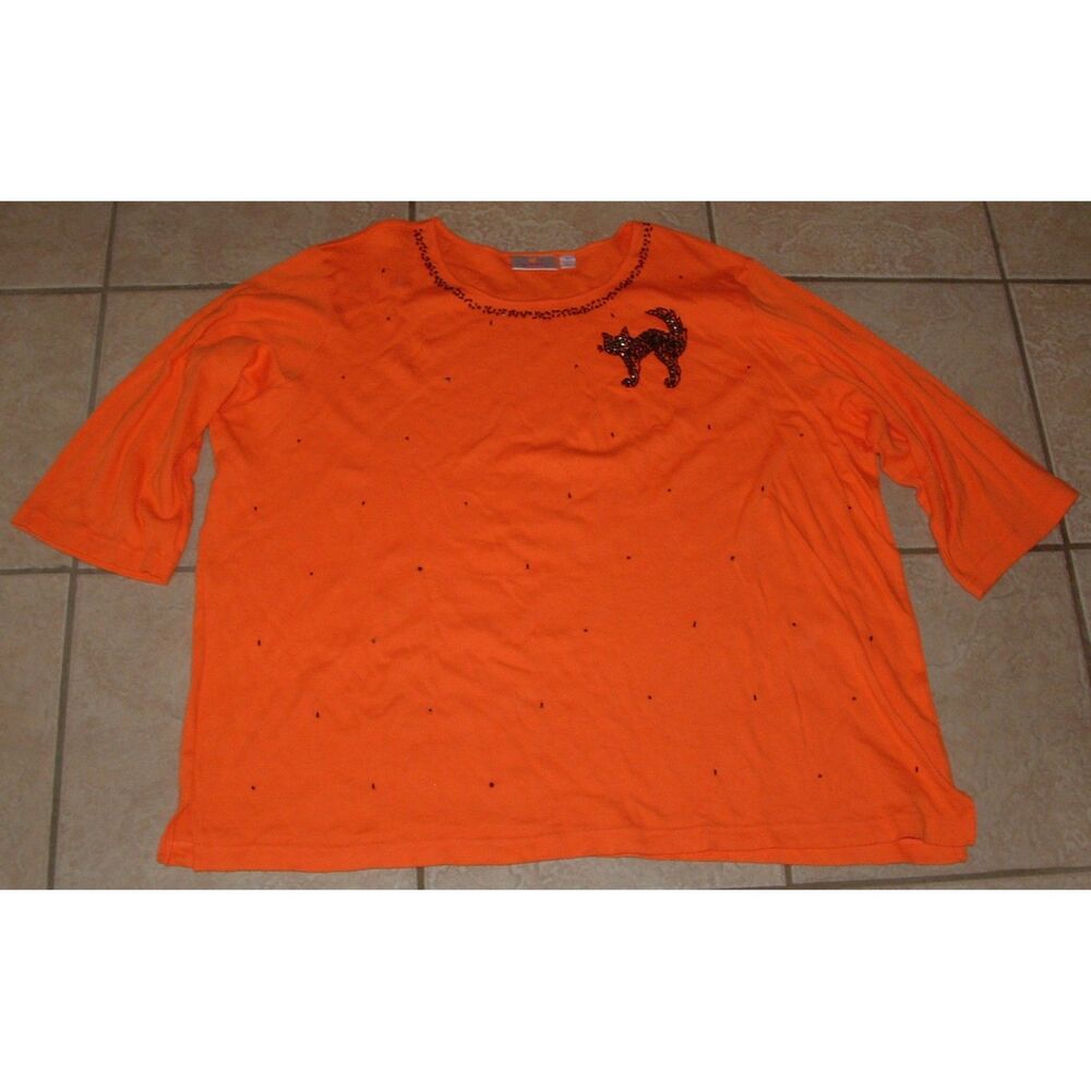 QUACKER FACTORY Orange Plus Sz 3X Beaded Black Cat Halloween Stretchy Tee Shirt